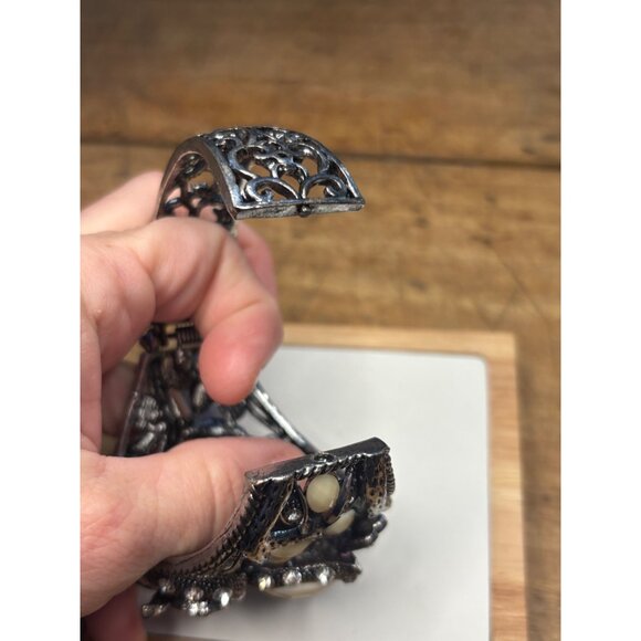 Vintage Silver-Tone Owl Cuff Bracelet With Rhinestones & Ivory Accents - Stateme - Picture 10 of 13